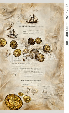 Pirate doubloons on an old papyrus. Image of old coins on an ancient pirate map. Ancient paper scroll with a drawing of doubloons and instructions. Perfect for phone wallpaper or for posters. Pirate doubloons on an old papyrus. Image of old coins on an ancient pirate map. Ancient paper scroll with a drawing of doubloons and instructions. Perfect for phone wallpaper or for posters. 92147942