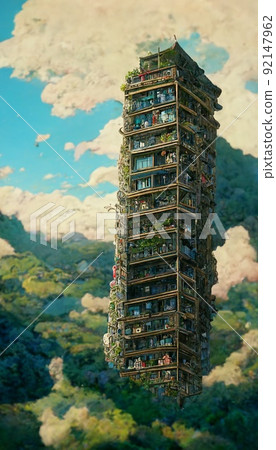 Apocalyptic background of a deserted and abandoned building. Apocalypse concept. An old building in the jungle. Perfect for phone wallpaper or for posters. Apocalyptic background of a deserted and abandoned building. Apocalypse concept. An old building in the jungle. Perfect for phone wallpaper or for posters. 92147962