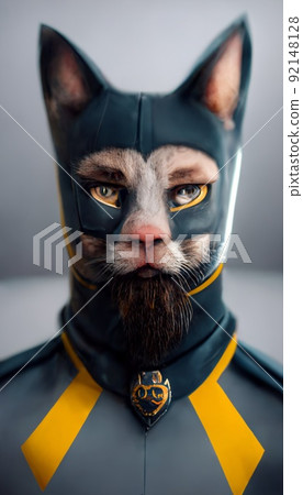 Portrait of a fantasy superhero cat. Ambitious and brave hero cat. A symbol of leadership, inner strength, power, motivation. The concept of superheroes. Perfect for phone wallpaper or for posters. 92148128