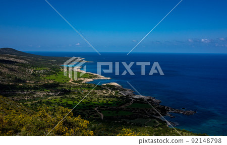 Green mountainous coast of the Mediterranean Sea on the Akamas Peninsula in the northwest of the island of Cyprus. Green mountainous coast of the Mediterranean Sea on the Akamas Peninsula in the northwest of the island of Cyprus. 92148798