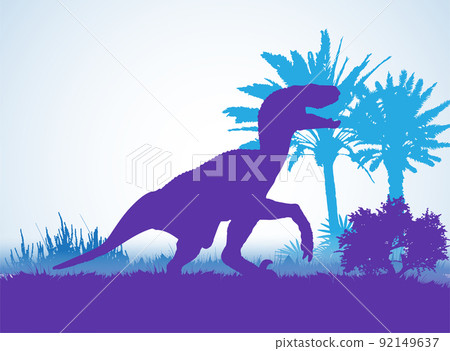 Velociraptor; Dinosaurs silhouettes in prehistoric environment overlapping layers; decorative background banner abstract vector illustration 92149637