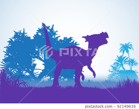 Dracorex Dinosaurs silhouettes in prehistoric environment overlapping layers; decorative background banner abstract vector illustration 92149638