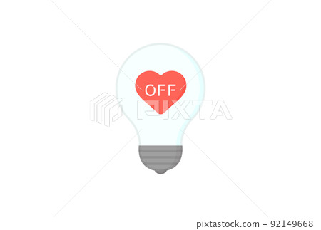 一個帶有紅心的微型燈泡的簡單插圖，上面寫著 OFF --- 節能/省電圖像材料 92149668