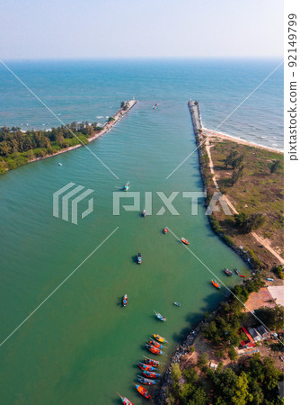 Aerial view of Pak Nam Pranburi Estuary in Prachuap Khiri Khan, Thailand Aerial view of Pak Nam Pranburi Estuary in Prachuap Khiri Khan, Thailand 92149799