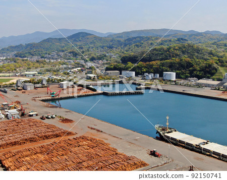 Aerial view of the port scenery of timber transportation at Minamata Port Aerial view of the port scenery of timber transportation at Minamata Port 92150741