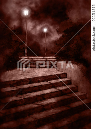 Dim park stairs with street lights at night Red Dim park stairs with street lights at night Red 92151813