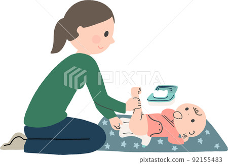 Mom changing baby diapers Mom changing baby diapers 92155483
