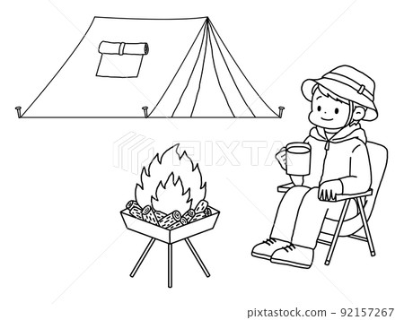 A man enjoying a solo camp while watching a bonfire / line drawing 92157267