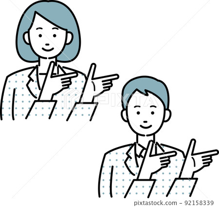 Illustration material set of men and women in suits pointing fingers to the right with both hands Illustration material set of men and women in suits pointing fingers to the right with both hands 92158339