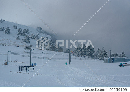 Snow covered forest on top of mountain Ai-Petri after blizzard. Crimea Snow covered forest on top of mountain Ai-Petri after blizzard. Crimea 92159109