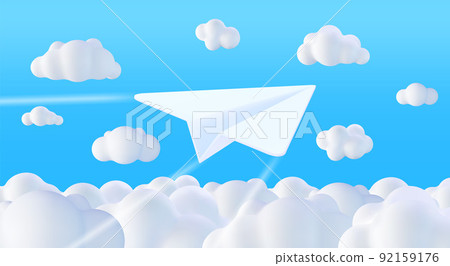 3D White Paper Plane in Sky with Clouds 92159176