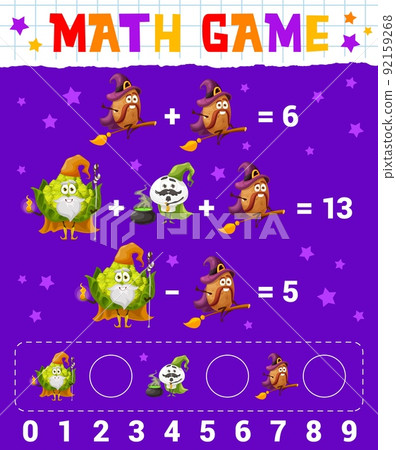 Cartoon vegetables wizard and warlock characters math game worksheet, vector education riddle. Kids math puzzle with potato, mushroom and Romanesco cabbage as wizards for mathematics count game 92159268