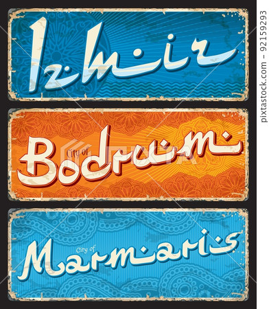 Izmir, Marmaris, Bodrum, Turkish city plates and travel stickers, vector luggage tags. Turkey travel trip tin signs and tourism baggage labels with Turkish cities emblems and flags Izmir, Marmaris, Bodrum, Turkish city plates and travel stickers, vector luggage tags. Turkey travel trip tin signs and tourism baggage labels with Turkish cities emblems and flags 92159293