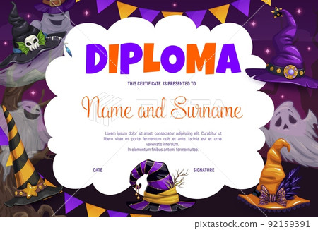 Halloween kids diploma, ghosts, witch and wizard hats, vector education certificate. Appreciation award or diploma with Halloween cartoon ghost ghouls in witch hats with skulls and bows 92159391