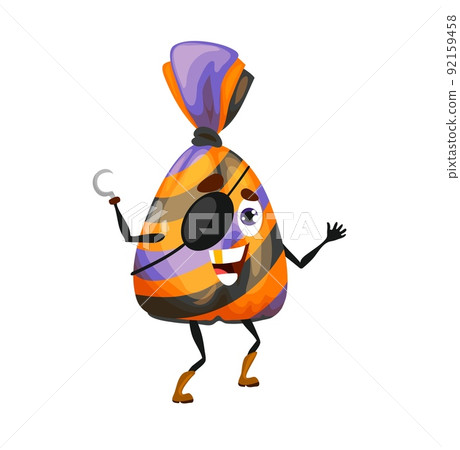 Cartoon Halloween pirate candy character, vector funny buccaneer truffle with eye patch and hand hook. Smiling corsair patisserie personage, funny dessert for kids party. Trick or treat sweets snack Cartoon Halloween pirate candy character, vector funny buccaneer truffle with eye patch and hand hook. Smiling corsair patisserie personage, funny dessert for kids party. Trick or treat sweets snack 92159458