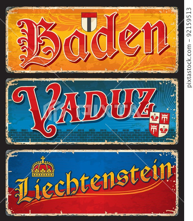Baden, Vaduz, Liechtenstein, Swiss city plates and travel stickers, vector luggage tags. Switzerland travel trip tin signs and tourism baggage labels with Swiss cities emblems and flags Baden, Vaduz, Liechtenstein, Swiss city plates and travel stickers, vector luggage tags. Switzerland travel trip tin signs and tourism baggage labels with Swiss cities emblems and flags 92159513