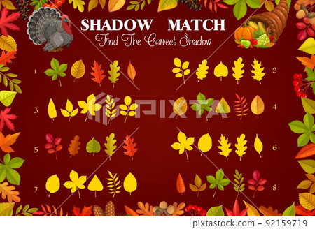 Shadow match game worksheet. Autumn leaves, leaf fall, turkey and cornucopia. Vector kids riddle, logic activity, preschool or kindergarten education. Cartoon red, yellow, orange and green leaves Shadow match game worksheet. Autumn leaves, leaf fall, turkey and cornucopia. Vector kids riddle, logic activity, preschool or kindergarten education. Cartoon red, yellow, orange and green leaves 92159719