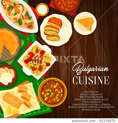 Bulgarian food, cuisine restaurant dishes and meals, vector menu cover. Bulgarian cuisine traditional lunch or dinner beef and vegetable stew, tomato onion pie and baked fish with sauce, cafe poster 92159878