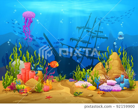Underwater game level landscape, corals, fish shoal and sunken ship, vector background. Cartoon sea and ocean underwater or undersea landscape for game level, ship wrecks and fishes of coral reef Underwater game level landscape, corals, fish shoal and sunken ship, vector background. Cartoon sea and ocean underwater or undersea landscape for game level, ship wrecks and fishes of coral reef 92159900