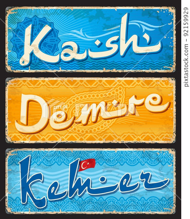 Kash, Demre, Kemer, Turkish city travel stickers and plates, vector luggage tags. Turkey cities tin signs, baggage labels and travel plates with Turkish region emblems and tourism landmarks 92159929