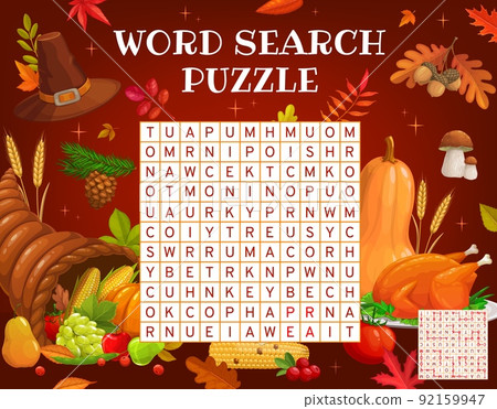 Thanksgiving cornucopia, autumn harvest and potluck word search puzzle game worksheet, kids quiz grid. Vector tomato, pumpkin, cone and mushroom, corn, cowberry, turkey, acorn or hat, pear crossword 92159947