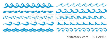 Sea and ocean surf wave line, blue water wave borders, frame lines and dividers. Vector embellishments of nautical pattern with stormy water ripples, curves, marine swirls, curls and scrolls 92159963