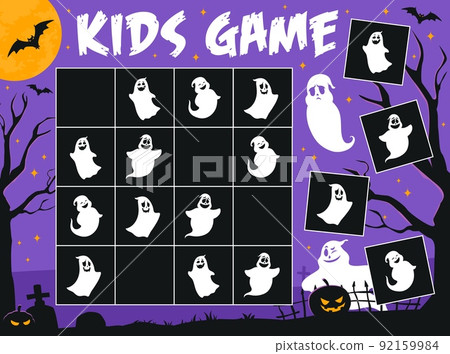 Sudoku game worksheet, Halloween ghosts on cemetery, vector kids puzzle. Sudoku riddle grid to find and match funny spooky ghosts and ghouls with pumpkin lanterns on cemetery graveyard Sudoku game worksheet, Halloween ghosts on cemetery, vector kids puzzle. Sudoku riddle grid to find and match funny spooky ghosts and ghouls with pumpkin lanterns on cemetery graveyard 92159984