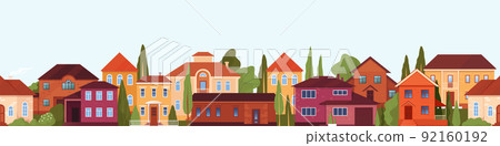 Street border, home pattern. Sale of residential or village, front of building construction, suburb rent, real estate. Isolated country houses facade. Vector seamless town background 92160192