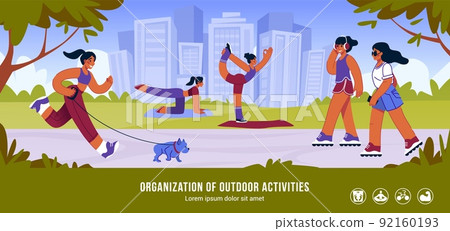 Active park exercises. Outdoor fit people in health cycle and yoga sport. Runners in garden. Fitness training. Women skating in nature. Workout organization. Vector illustration banner Active park exercises. Outdoor fit people in health cycle and yoga sport. Runners in garden. Fitness training. Women skating in nature. Workout organization. Vector illustration banner 92160193