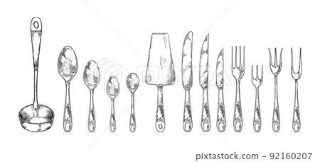Cutlery sketch. Tableware for restaurant food. Forks, knives and spoons. Utensil collection. Bistro or cooking menu. Ladle and spatula. Engraving dinnerware set. Vector illustration 92160207