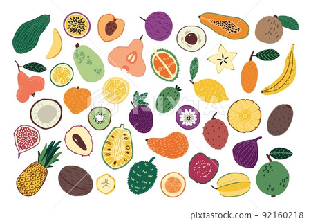Hand drawn fruits. Sketch of doodle natural food. Tropical mango and banana. Fresh whole pineapple. Half of ripe pear. Juicy kiwi or carambola. Exotic ingredients set. Vector background 92160218