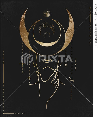 Boho celestial gold moon. Full star elements, retro alchemy sky, esoteric astrology planet, shine universe. Mystic woman portrait with golden texture, vector illustration isolated on black Boho celestial gold moon. Full star elements, retro alchemy sky, esoteric astrology planet, shine universe. Mystic woman portrait with golden texture, vector illustration isolated on black 92160222