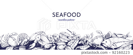 Sea food pattern. Fresh marine fish, and ocean products, lobster and salmon, cooked ingredients, restaurant menu background, sketch seafood, gourmet dinner. Vector seamless background Sea food pattern. Fresh marine fish, and ocean products, lobster and salmon, cooked ingredients, restaurant menu background, sketch seafood, gourmet dinner. Vector seamless background 92160223