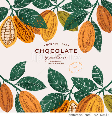 Chocolate bean with leaves textured illustration. Vintage style design template. 92160612
