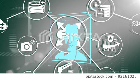 Image of digital portraits over network of media icons and scanner processing data Image of digital portraits over network of media icons and scanner processing data 92161023