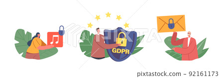 GDPR Policy, Data Protection, Privacy Concept. Tiny Characters with Huge Media File, Shield and Envelope with Padlock 92161173