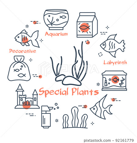 Aquarium thin plants vector linear white illustration. Circular outline design for pet shop 92161779