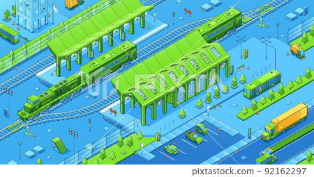Isometric city infrastructure, railway with trains - Stock Illustration ...