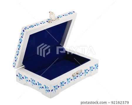 Empty Open wooden jewelry box with Blue velvet lining and flower Pattern on white background. used for storing small things, Luxury packaging for anything Empty Open wooden jewelry box with Blue velvet lining and flower Pattern on white background. used for storing small things, Luxury packaging for anything 92162379