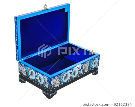 Empty Open wooden jewelry box with Blue velvet lining and flower Pattern on white background. used for storing small things, Luxury packaging for anything 92162384