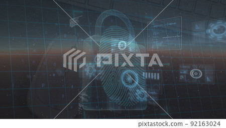 Image of data processing and security padlock over blue background Image of data processing and security padlock over blue background 92163024