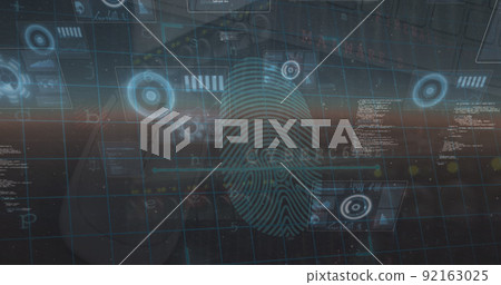 Image of data processing and security fingerprint over blue background Image of data processing and security fingerprint over blue background 92163025