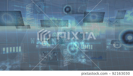 Image of data processing on moving screens over blue background Image of data processing on moving screens over blue background 92163030