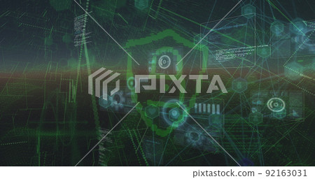 Image of data processing and security padlock over dark background Image of data processing and security padlock over dark background 92163031