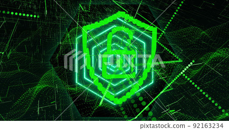 Image of padlock icon and network of connections over black background Image of padlock icon and network of connections over black background 92163234