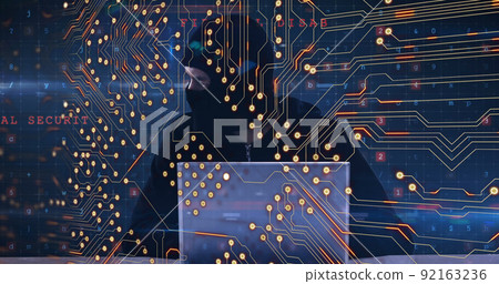 Image of computer circuit board and cyberattack warning over caucasian hacker Image of computer circuit board and cyberattack warning over caucasian hacker 92163236