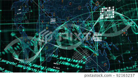 Image of dna strand and data processing over world map on black background Image of dna strand and data processing over world map on black background 92163237
