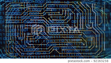 Image of computer circuit board over data processing on black background 92163238