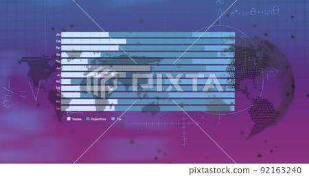 Image of data processing and mathematical eguations over world map and globe Image of data processing and mathematical eguations over world map and globe 92163240