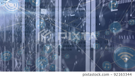 Image of data processing and network of connections over server room 92163344